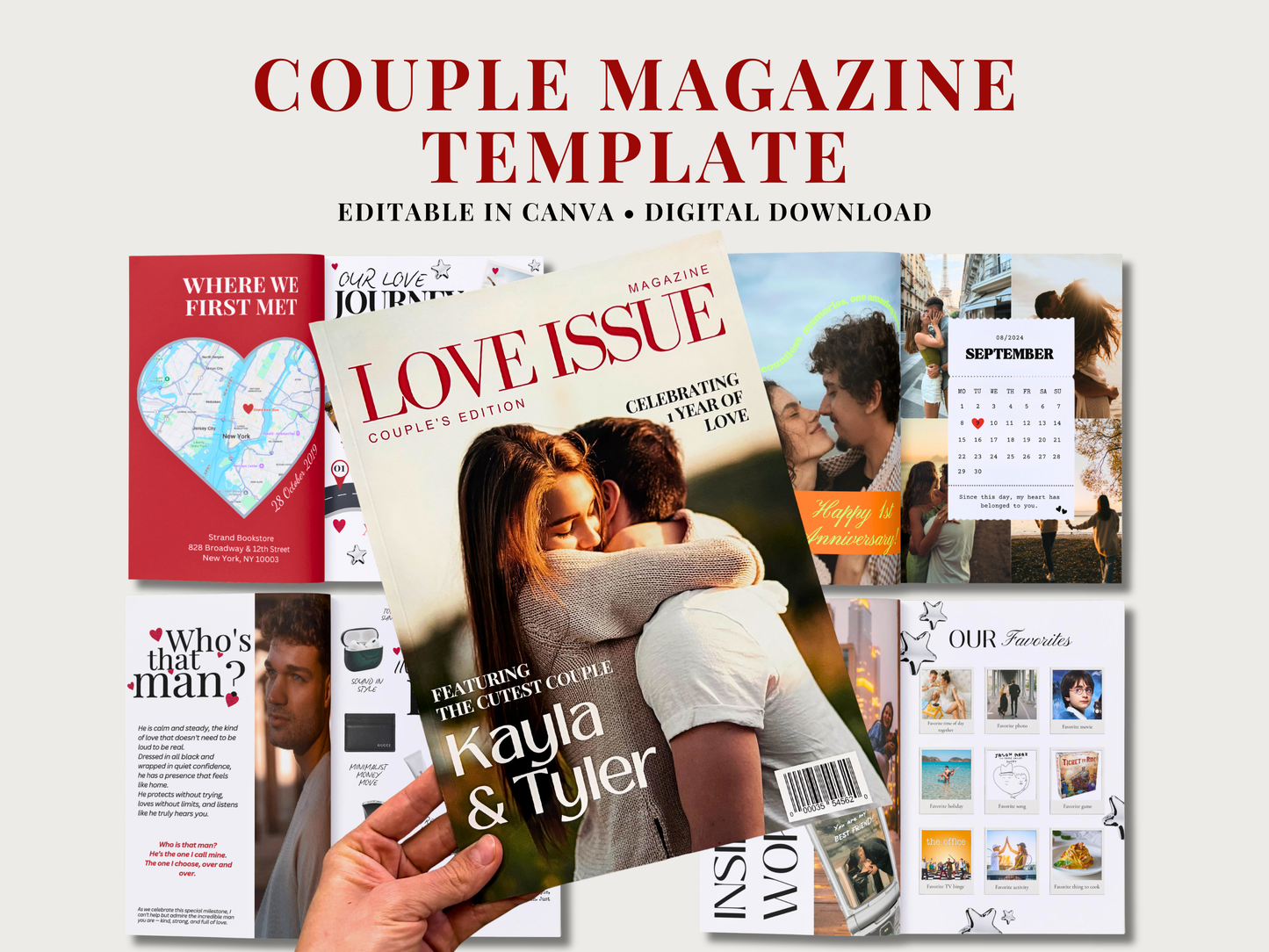 A digital template preview for a couple's magazine, showing multiple magazine cover and page designs arranged on a light beige background with large red text reading 'COUPLE MAGAZINE TEMPLATE' and smaller text 'EDITABLE IN CANVA • DIGITAL DOWNLOAD'. A hand holds the central magazine cover, which features a couple embracing and the title 'LOVE ISSUE'.
