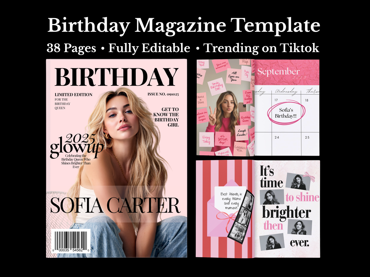 A promotional graphic for a digital 'Birthday Magazine Template' showing a magazine cover mockup and interior page designs. The design features pink, white, and black color schemes with text such as 'BIRTHDAY', 'Sofia Carter', and '38 Pages • Fully Editable • Trending on Tiktok'.