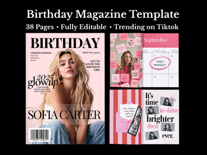 A promotional graphic for a digital 'Birthday Magazine Template' showing a magazine cover mockup and interior page designs. The design features pink, white, and black color schemes with text such as 'BIRTHDAY', 'Sofia Carter', and '38 Pages • Fully Editable • Trending on Tiktok'.