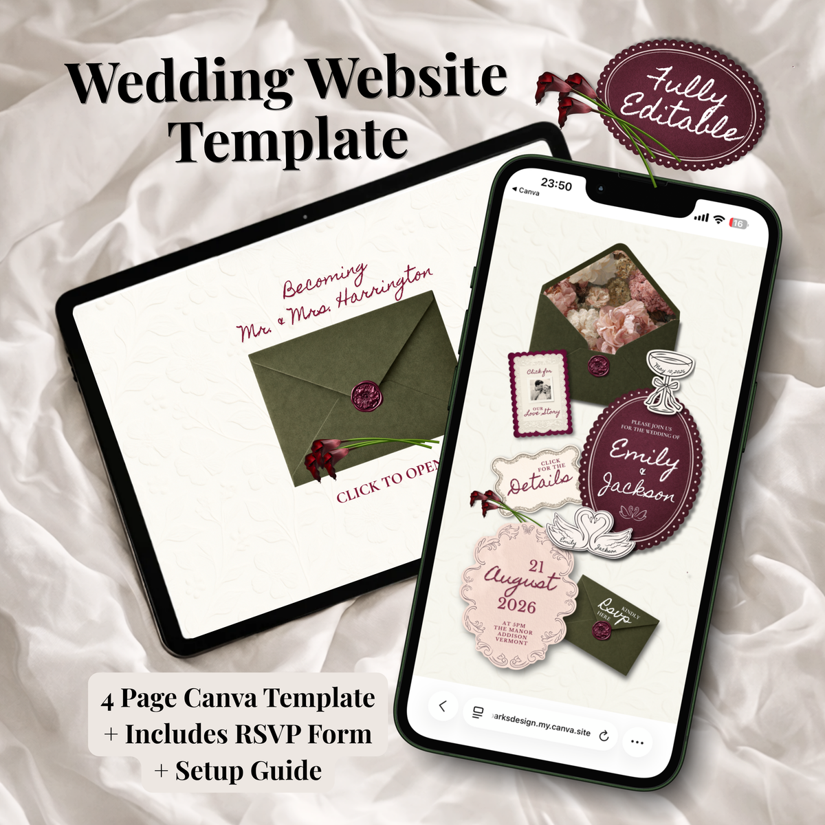 Digital product mockup for a wedding website template, shown on a tablet and smartphone screen over a white satin fabric background. The template design features dark olive green envelopes with pink wax seals, white cards with pink script text, and mauve decorative labels.