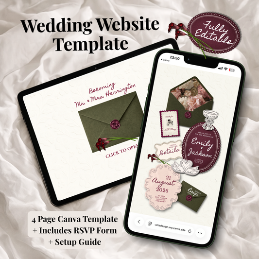 Digital product mockup for a wedding website template, shown on a tablet and smartphone screen over a white satin fabric background. The template design features dark olive green envelopes with pink wax seals, white cards with pink script text, and mauve decorative labels.