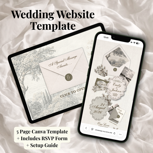 Digital wedding website template preview shown on a tablet and smartphone over a white satin fabric background. The design features elegant vintage-style stationery with floral illustrations, monochrome landscape artwork, and gold seal accents.