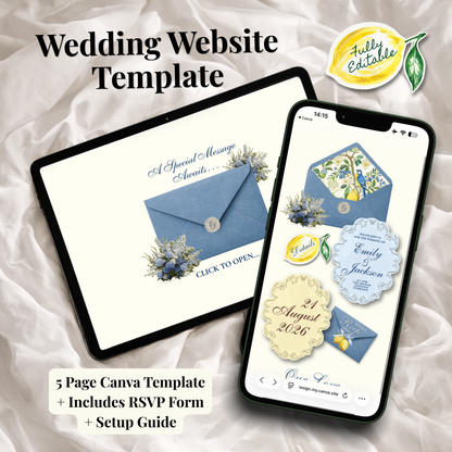 Digital product mockup for a wedding website template shown on a tablet and smartphone screen over a white satin fabric background. Text reads 'Wedding Website Template' and '5 Page Canva Template + Includes RSVP Form + Setup Guide'.