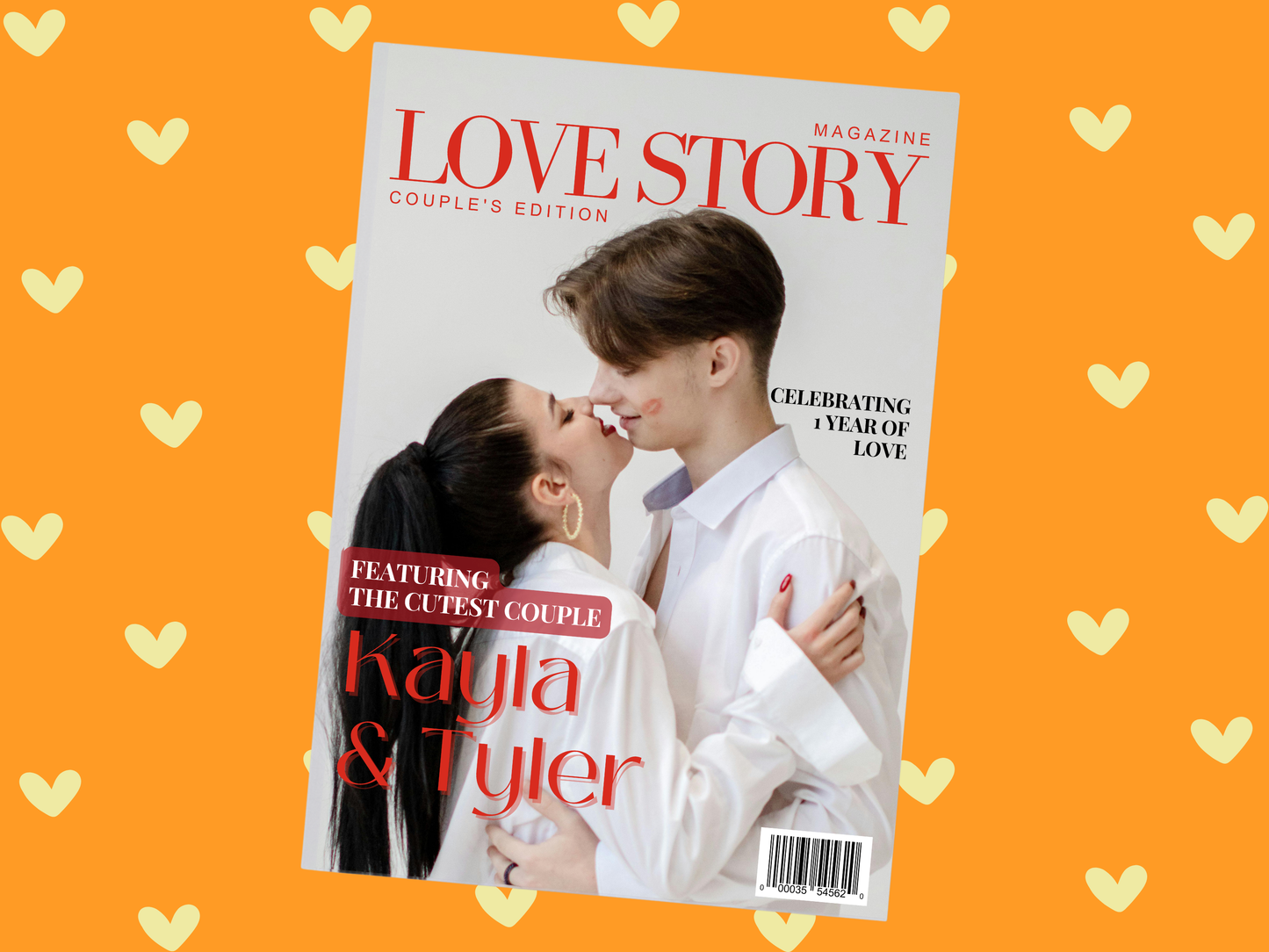 A magazine titled "Love Story" is shown at an angle against a bright orange background patterned with small yellow hearts. The cover features a couple in white clothing, with prominent red and black text including "Kayla & Tyler.