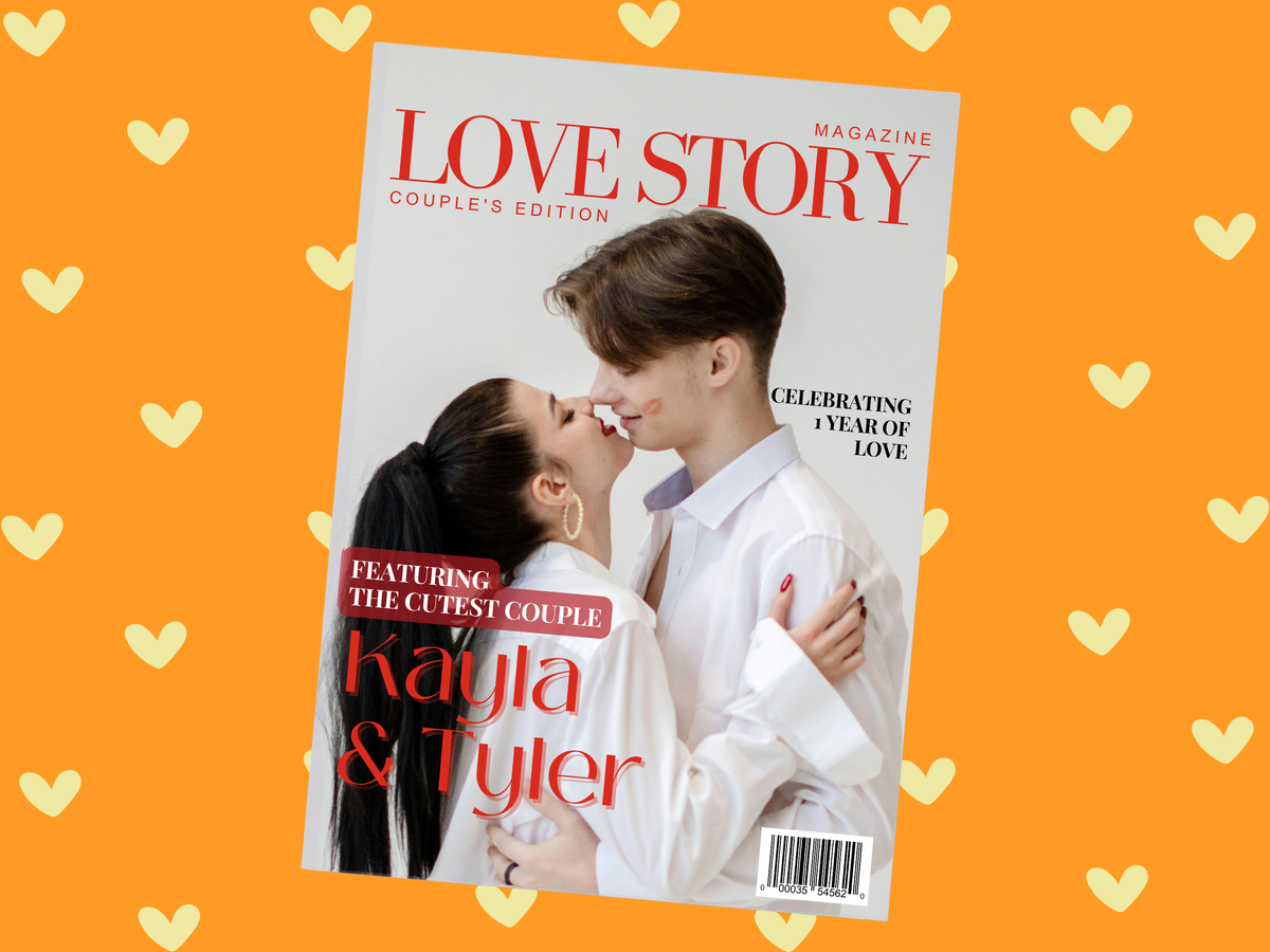 A magazine titled "Love Story" is shown at an angle against a bright orange background patterned with small yellow hearts. The cover features a couple in white clothing, with prominent red and black text including "Kayla & Tyler.