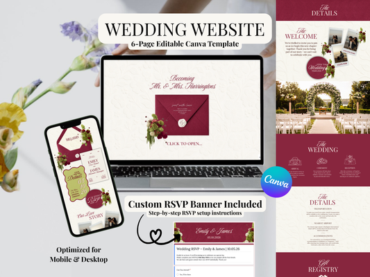 A digital mockup for a wedding website template shown on a laptop and phone, with printed invitation designs, venue photos, and text including 'Wedding Website', '6-Page Editable Canva Template', and 'Custom RSVP Banner Included'.