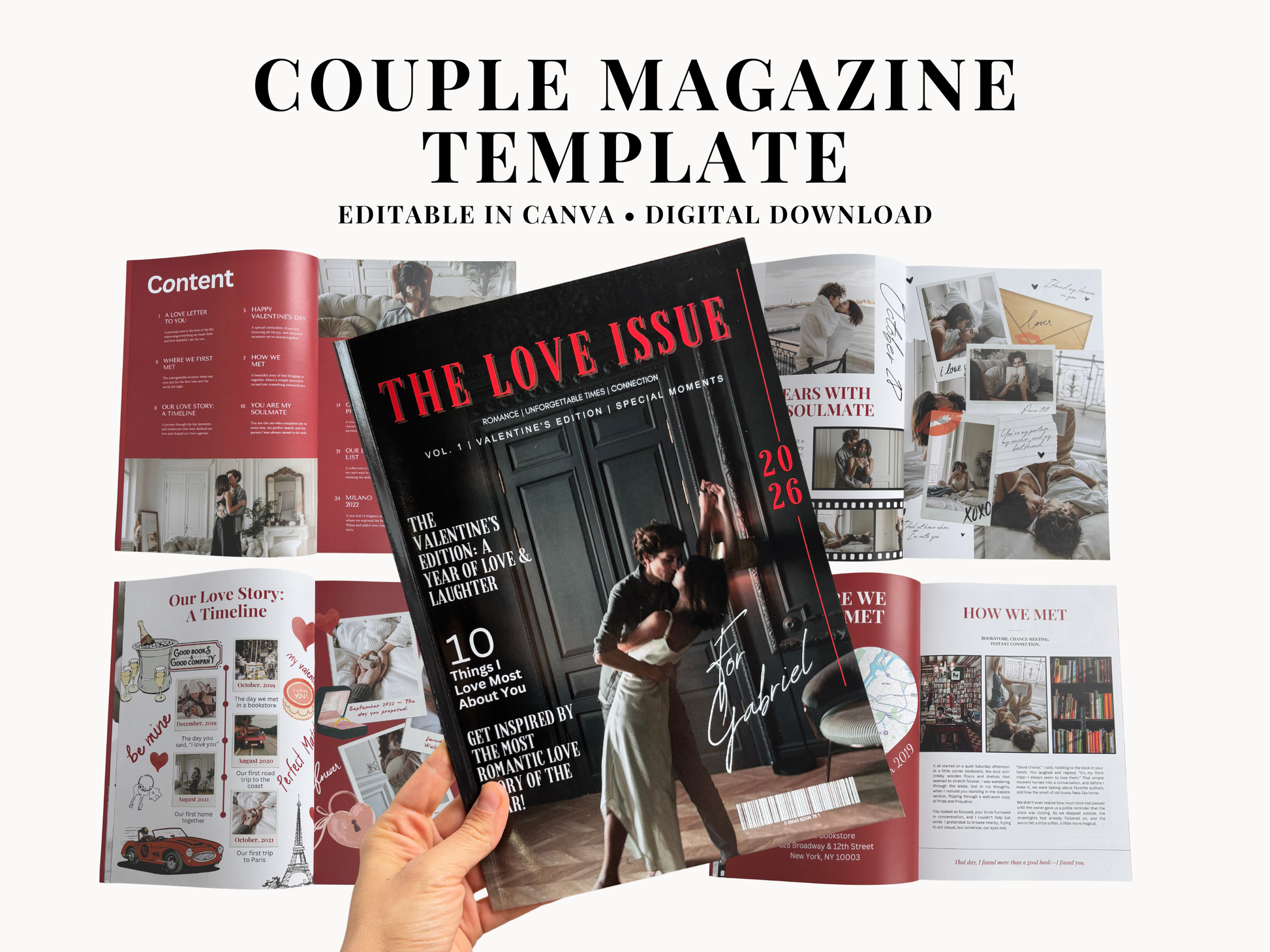 A digital template preview for a couple's magazine, showing an open magazine layout with red and black covers, a hand holding the front cover, and text reading 'COUPLE MAGAZINE TEMPLATE' and 'EDITABLE IN CANVA • DIGITAL DOWNLOAD'.