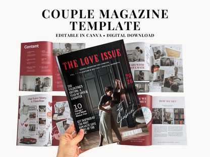 A digital template preview for a couple's magazine, showing an open magazine layout with red and black covers, a hand holding the front cover, and text reading 'COUPLE MAGAZINE TEMPLATE' and 'EDITABLE IN CANVA • DIGITAL DOWNLOAD'.