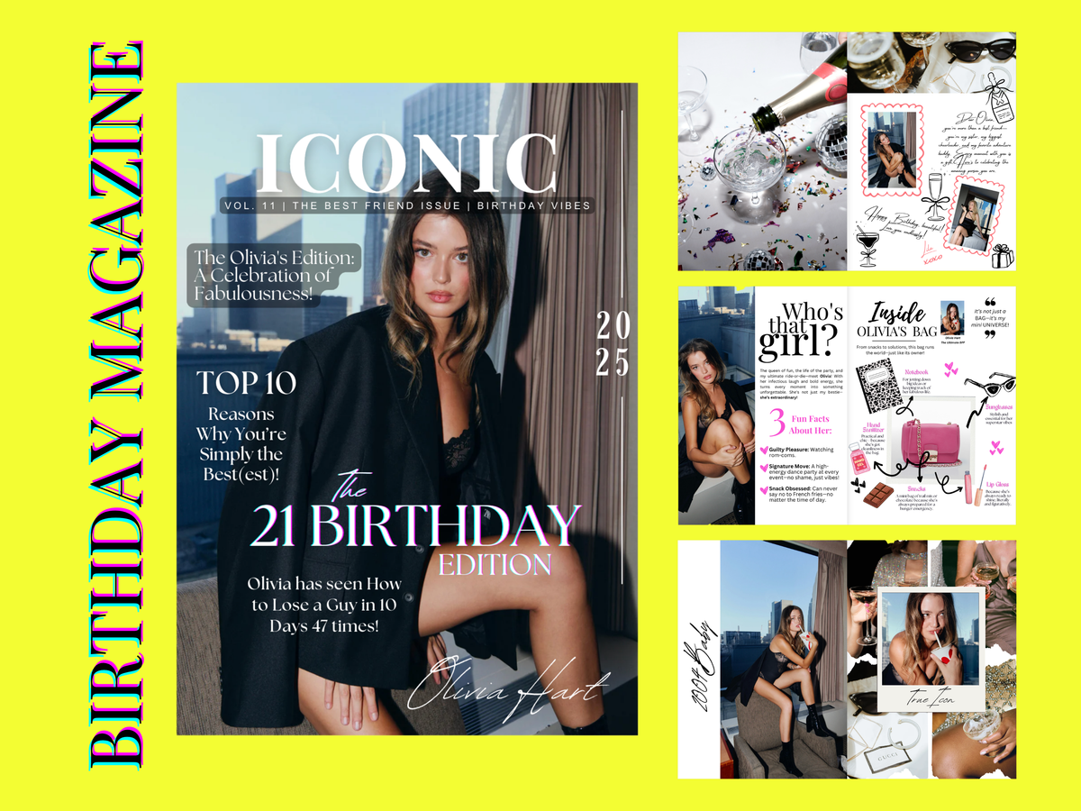 A birthday magazine compilation featuring the cover of Iconic Magazine's 21st Birthday Edition on the left, and several smaller editorial pages and photo collages on the right, all arranged on a bright yellow background with a vertical 'BIRTHDAY MAGAZINE' title.