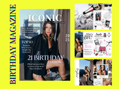 A birthday magazine compilation featuring the cover of Iconic Magazine's 21st Birthday Edition on the left, and several smaller editorial pages and photo collages on the right, all arranged on a bright yellow background with a vertical 'BIRTHDAY MAGAZINE' title.