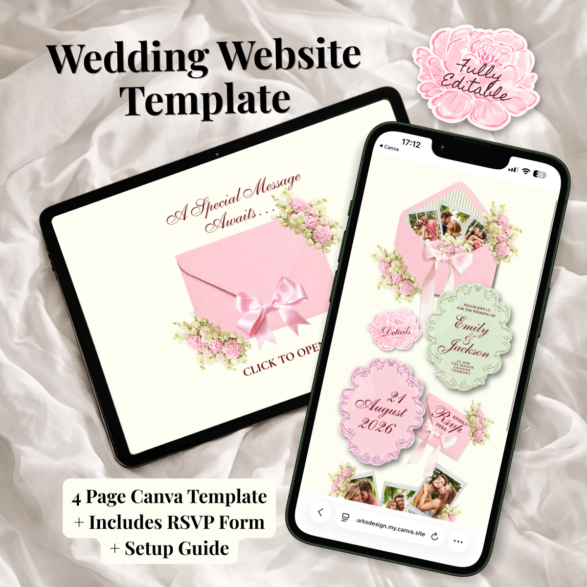 Digital product mockup for a wedding website template, showing a tablet and smartphone screen with pastel pink invitation designs, floral accents, and text including 'Wedding Website Template' and '4 Page Canva Template + Includes RSVP Form + Setup Guide'.