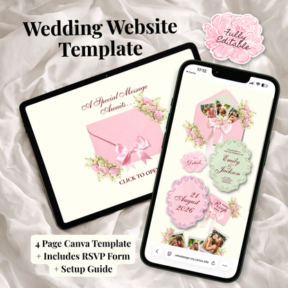 Digital product mockup for a wedding website template, showing a tablet and smartphone screen with pastel pink invitation designs, floral accents, and text including 'Wedding Website Template' and '4 Page Canva Template + Includes RSVP Form + Setup Guide'.