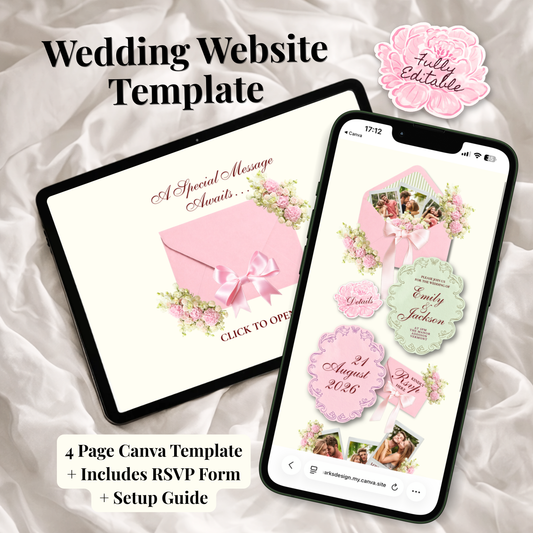 Digital product mockup for a wedding website template, showing a tablet and smartphone screen with pastel pink invitation designs, floral accents, and text including 'Wedding Website Template' and '4 Page Canva Template + Includes RSVP Form + Setup Guide'.