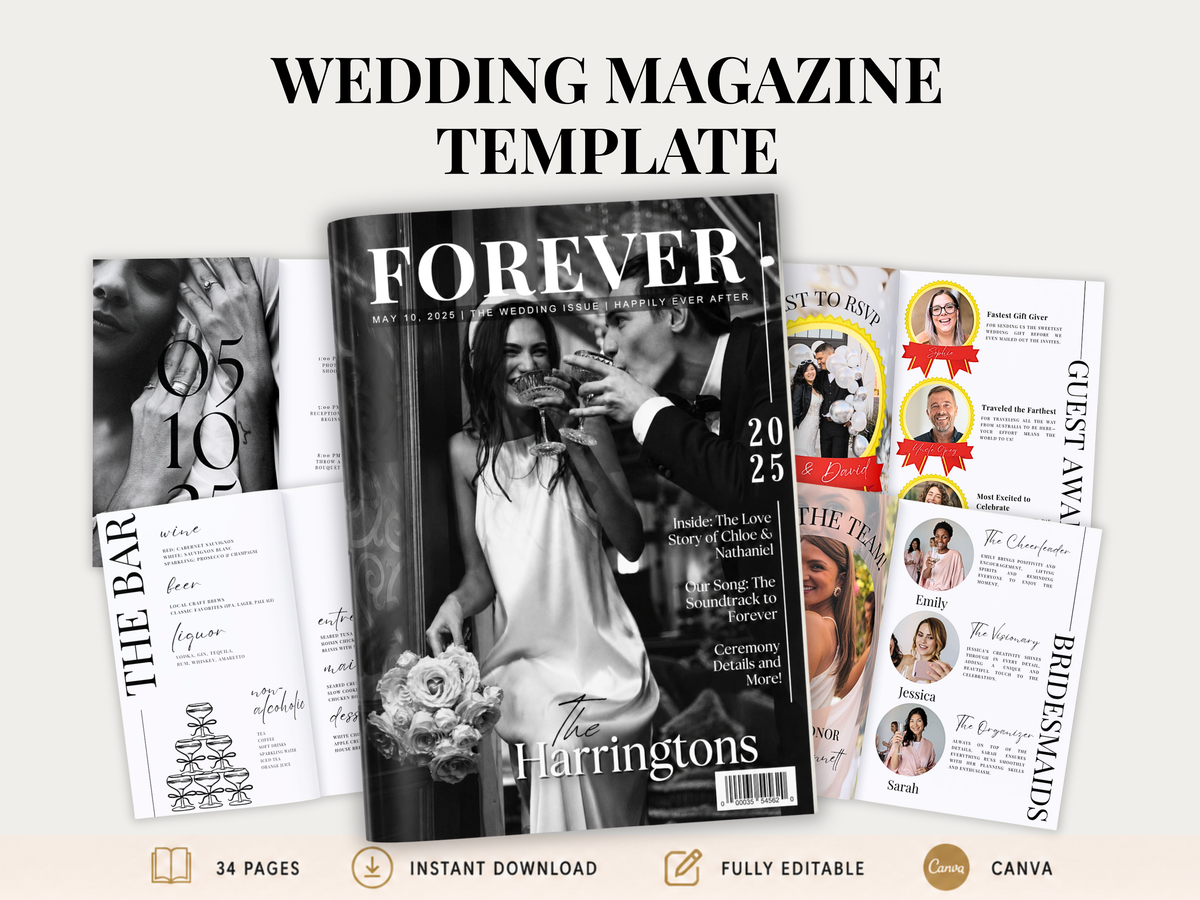 A wedding magazine template mockup set on a light beige background, featuring a central black-and-white magazine cover titled FOREVER, surrounded by open interior page previews with wedding photos, guest list, bridesmaid, and guest appearance layouts. Text at the top reads WEDDING MAGAZINE TEMPLATE, with feature badges along the bottom.
