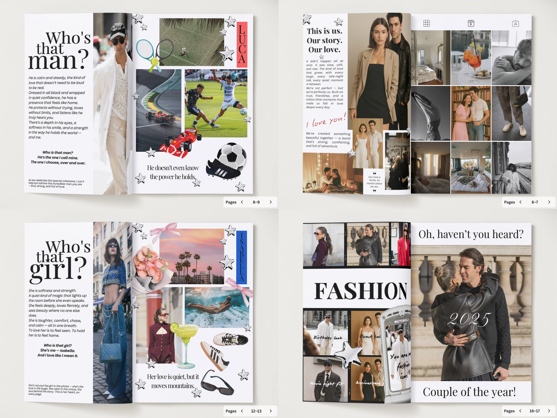 Four fashion magazine spread previews arranged in a 2x2 grid, featuring editorial layouts with text, photos of models, clothing, shoes, and lifestyle scenes on a light neutral background.