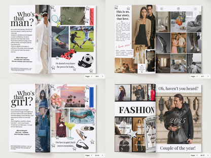 Four fashion magazine spread previews arranged in a 2x2 grid, featuring editorial layouts with text, photos of models, clothing, shoes, and lifestyle scenes on a light neutral background.