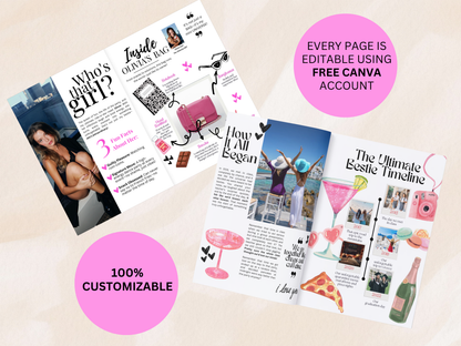 Two customizable digital Canva travel timeline and photo collage templates displayed on a light beige background with pink promotional circles. The templates feature pink accents, cocktail glasses, cameras, and photos of a woman on a beach.