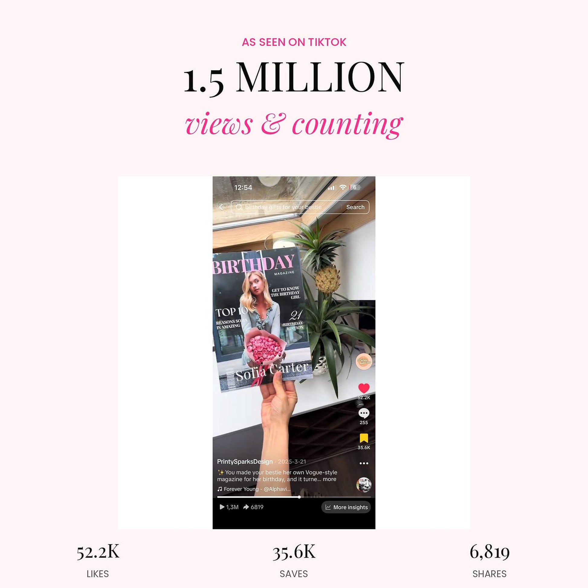 Promotional graphic for a TikTok social media service showing a sample video post with 1.5 million views and counting.