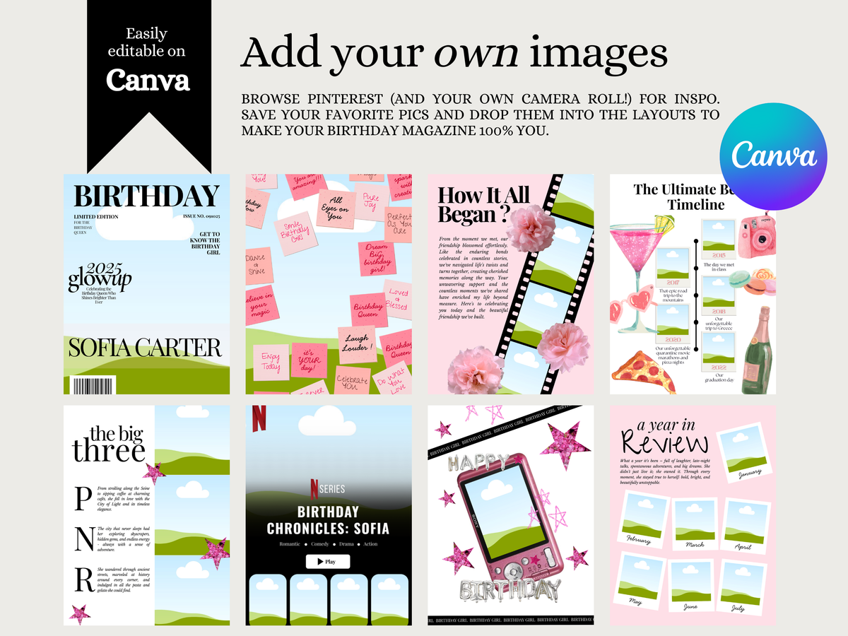 A promotional graphic for a Canva birthday magazine template pack, showing multiple pastel layout previews with text such as 'Add your own images' and Canva logos. The design includes pink, blue, green, and white layouts for birthday covers, notes, and magazine pages.