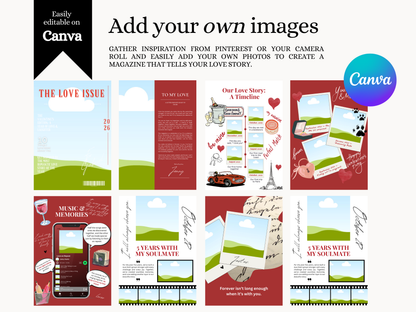 A promotional graphic for a Canva template pack titled 'Add your own images' with multiple illustrated wedding and relationship-themed social media post and story designs. The Canva logo appears in a black box at top left, a blue-purple Canva badge at top right, and several sample cards are shown in red, green, blue, and cream tones on a white background.