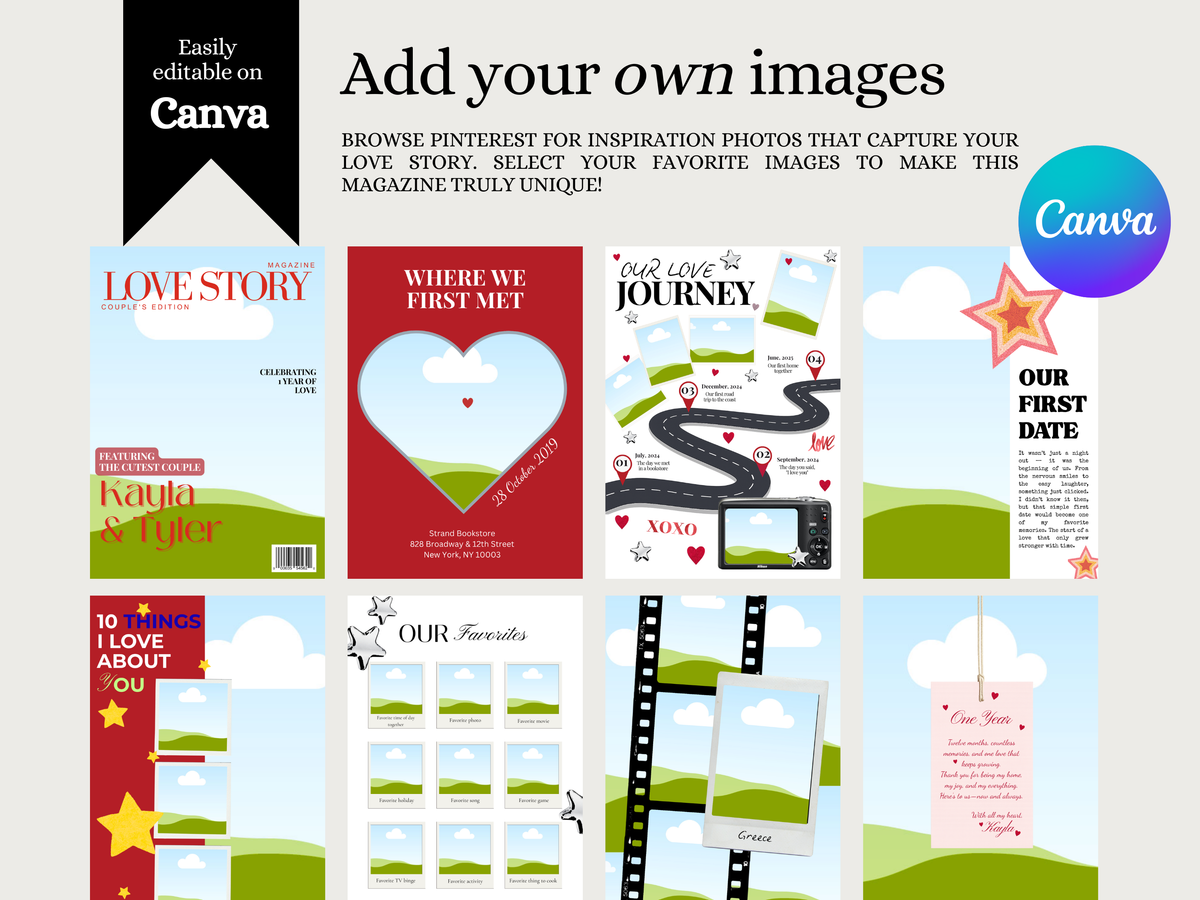 A promotional collage for a customizable Canva magazine or social media template pack, showing multiple illustrated cover and page designs with landscape graphics, stars, hearts, and text placeholders. Large text reads 'Add your own images,' with Canva branding visible on a black banner and a blue circular badge.