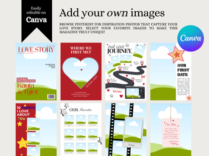 A promotional collage for a customizable Canva magazine or social media template pack, showing multiple illustrated cover and page designs with landscape graphics, stars, hearts, and text placeholders. Large text reads 'Add your own images,' with Canva branding visible on a black banner and a blue circular badge.