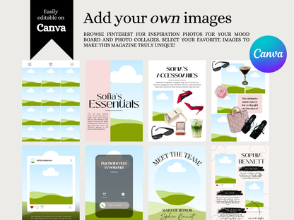 A promotional graphic for a Canva template pack showing six mood board and photo collage designs with pastel sky, green hills, and fashion-themed layouts. Large text reads 'Add your own images,' with a black banner noting 'Easily editable on Canva' and a Canva logo in the top right.
