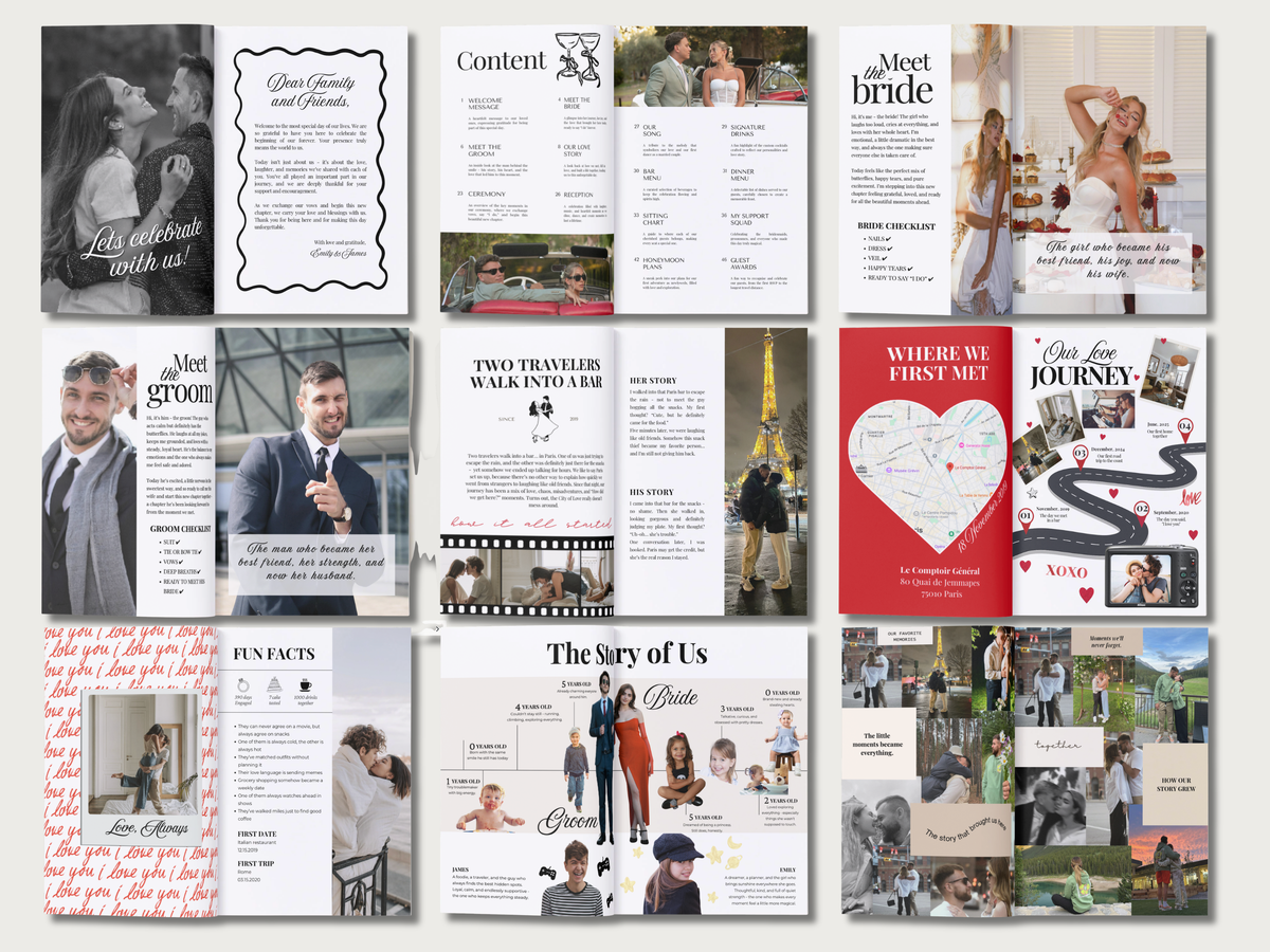 A collage of multiple printed wedding invitation and program booklet templates arranged on a light gray background. The designs feature black-and-white portraits, red and black typography, film-strip motifs, hearts, maps, and small photo inserts, with one prominent red booklet titled 'Where We First Met'.