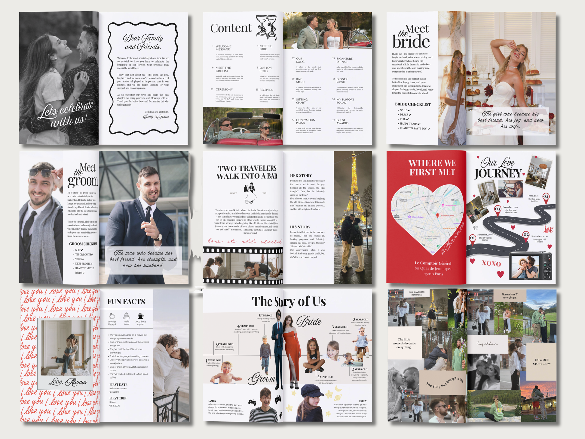 A collage of multiple printed wedding invitation and program booklet templates arranged on a light gray background. The designs feature black-and-white portraits, red and black typography, film-strip motifs, hearts, maps, and small photo inserts, with one prominent red booklet titled 'Where We First Met'.
