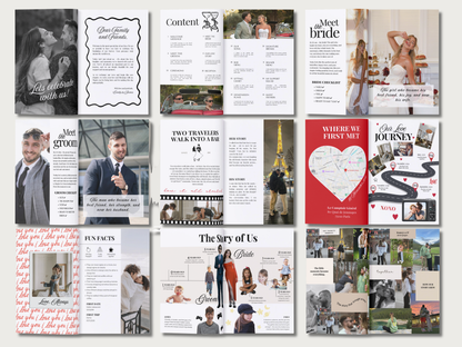 A collage of multiple printed wedding invitation and program booklet templates arranged on a light gray background. The designs feature black-and-white portraits, red and black typography, film-strip motifs, hearts, maps, and small photo inserts, with one prominent red booklet titled 'Where We First Met'.