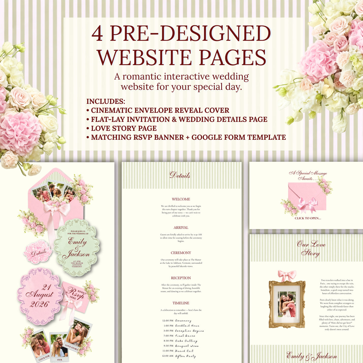 A digital template preview for a romantic wedding website with four designed pages, featuring pink floral arrangements, striped backgrounds, and elegant typography. The layout includes sections for a cinematic envelope reveal cover, arrival, ceremony, reception, and a love story gallery.