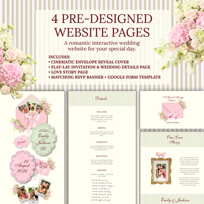 A digital template preview for a romantic wedding website with four designed pages, featuring pink floral arrangements, striped backgrounds, and elegant typography. The layout includes sections for a cinematic envelope reveal cover, arrival, ceremony, reception, and a love story gallery.