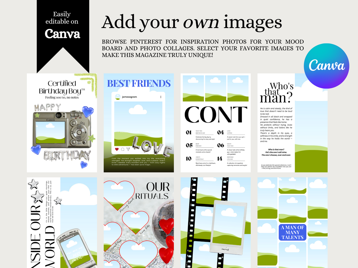 A promotional graphic for a Canva mood board template set, showing multiple sample photo collage layouts with sky-and-grass landscape designs, text placeholders, and photo frame elements. Large text reads 'Add your own images' and 'Easily editable on Canva,' with a Canva logo in the top right.