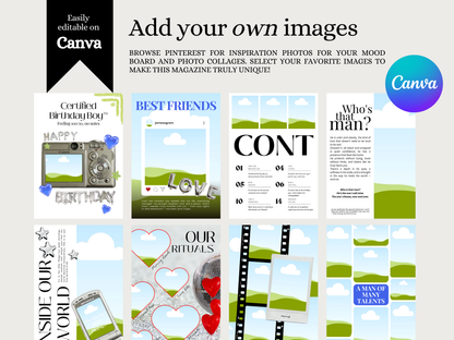 A promotional graphic for a Canva mood board template set, showing multiple sample photo collage layouts with sky-and-grass landscape designs, text placeholders, and photo frame elements. Large text reads 'Add your own images' and 'Easily editable on Canva,' with a Canva logo in the top right.