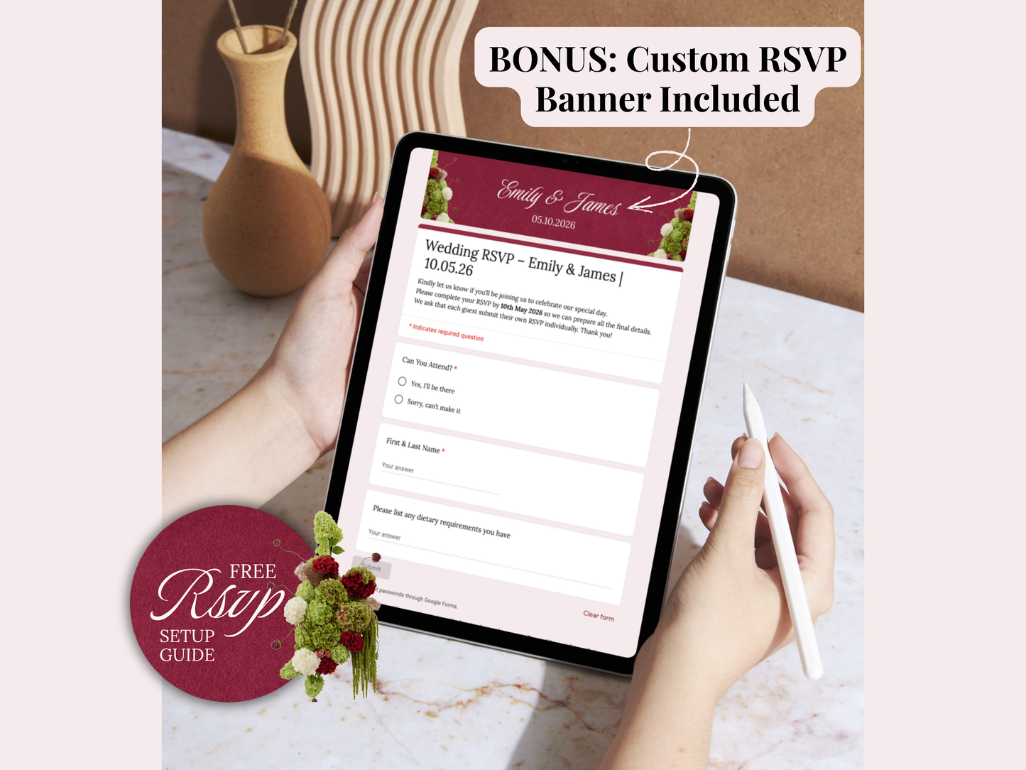 A tablet held in two hands displays a wedding RSVP banner template on a tablet screen, with a white stylus in the other hand. The scene includes promotional text reading 'BONUS: Custom RSVP Banner Included' and a circular badge that says 'Free RSVP Setup Guide.