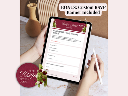 A tablet held in two hands displays a wedding RSVP banner template on a tablet screen, with a white stylus in the other hand. The scene includes promotional text reading 'BONUS: Custom RSVP Banner Included' and a circular badge that says 'Free RSVP Setup Guide.