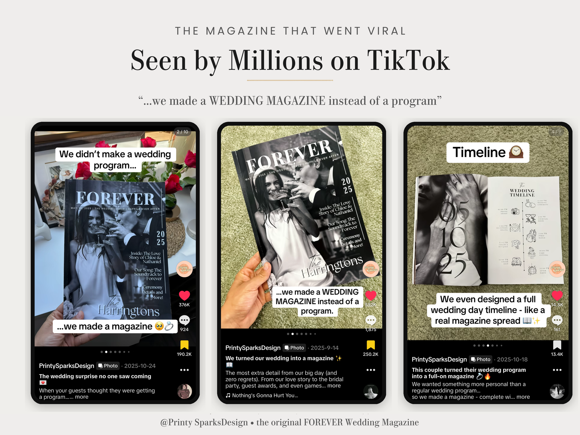 Promotional graphic for the magazine Forever, showing three social media-style mockups side by side with wedding program and timeline designs, plus the headline 'Seen by Millions on TikTok' and the brand text '@PrintySpurksDesign • the original FOREVER Wedding Magazine'.