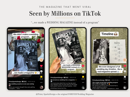 Promotional graphic for the magazine Forever, showing three social media-style mockups side by side with wedding program and timeline designs, plus the headline 'Seen by Millions on TikTok' and the brand text '@PrintySpurksDesign • the original FOREVER Wedding Magazine'.