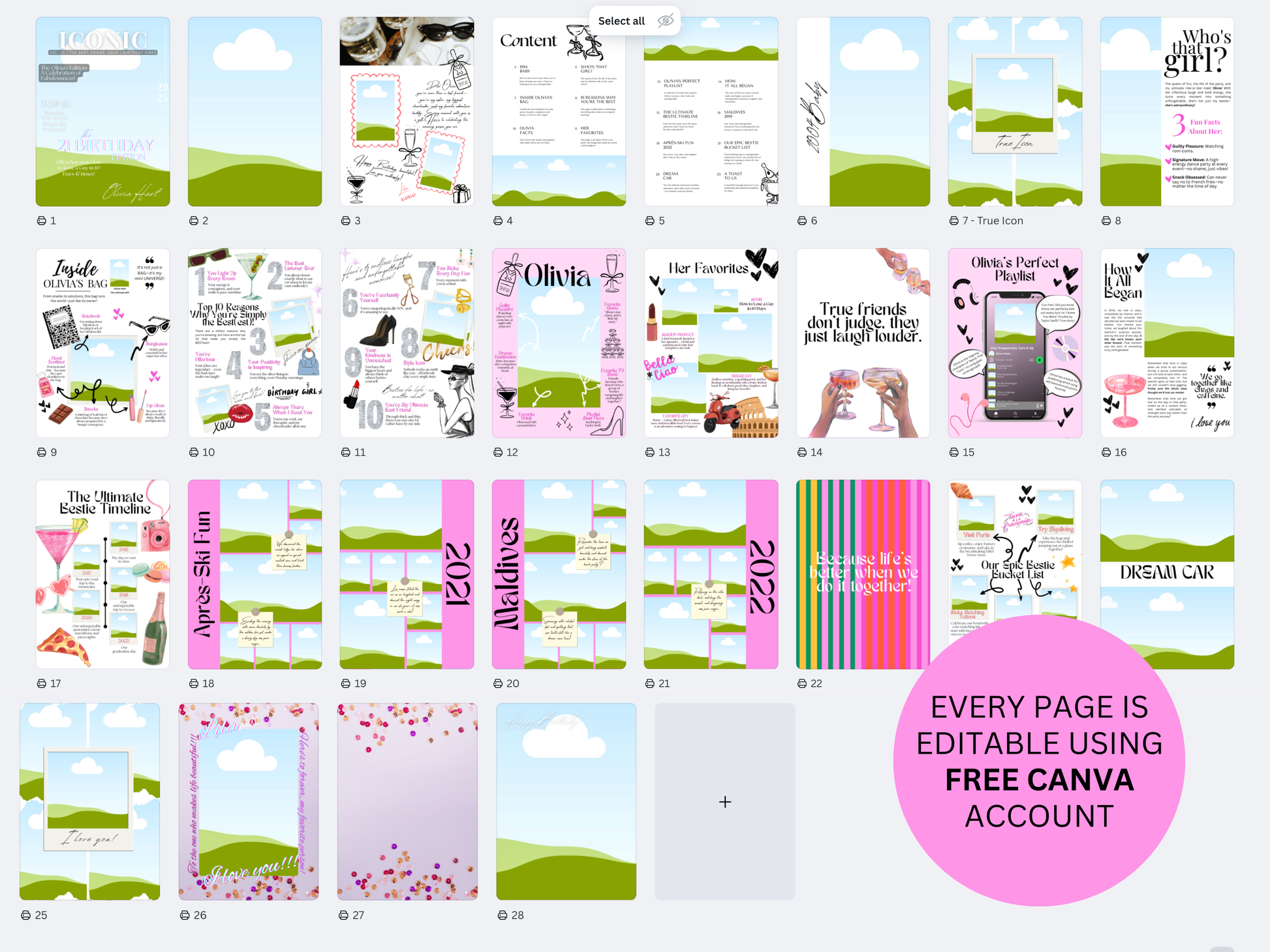 A collage of many editable planner or invitation page designs arranged in a grid on a white background, with a large pink circle reading 'EVERY PAGE IS EDITABLE USING FREE CANVA ACCOUNT.' The pages feature pastel landscape graphics, pink accents, stripes, and decorative text, and no single physical product is shown.