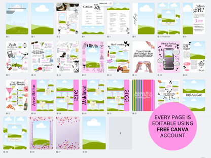A collage of many editable planner or invitation page designs arranged in a grid on a white background, with a large pink circle reading 'EVERY PAGE IS EDITABLE USING FREE CANVA ACCOUNT.' The pages feature pastel landscape graphics, pink accents, stripes, and decorative text, and no single physical product is shown.