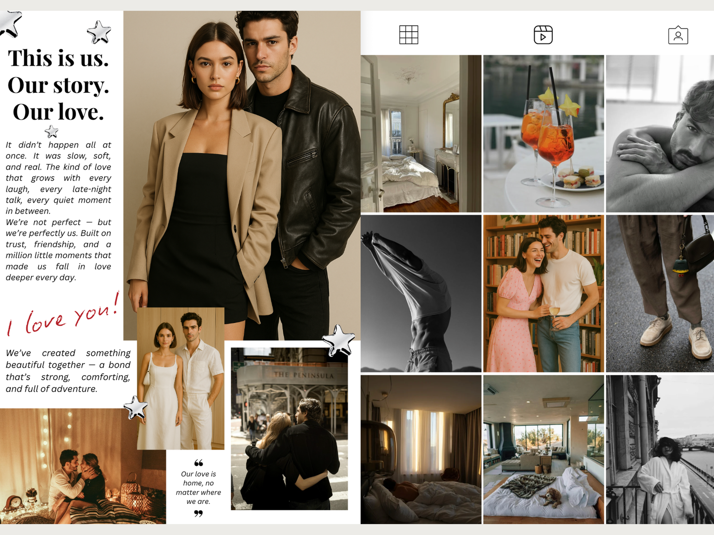 A collage-style brand story layout with text reading 'This is us. Our story.