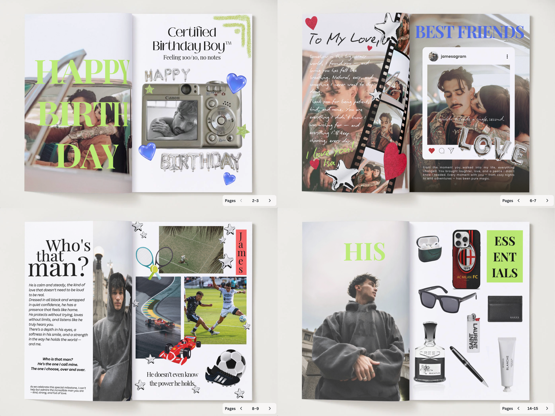 Four open book-style spreads showing curated collage layouts with text, photos, and small graphic elements, likely a digital template or design preview rather than a physical retail product.