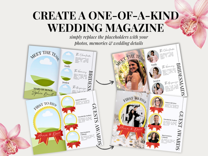 Promotional graphic for a customizable wedding magazine template, showing before-and-after layouts with floral corner decorations and the headline 'CREATE A ONE-OF-A-KIND WEDDING MAGAZINE'.