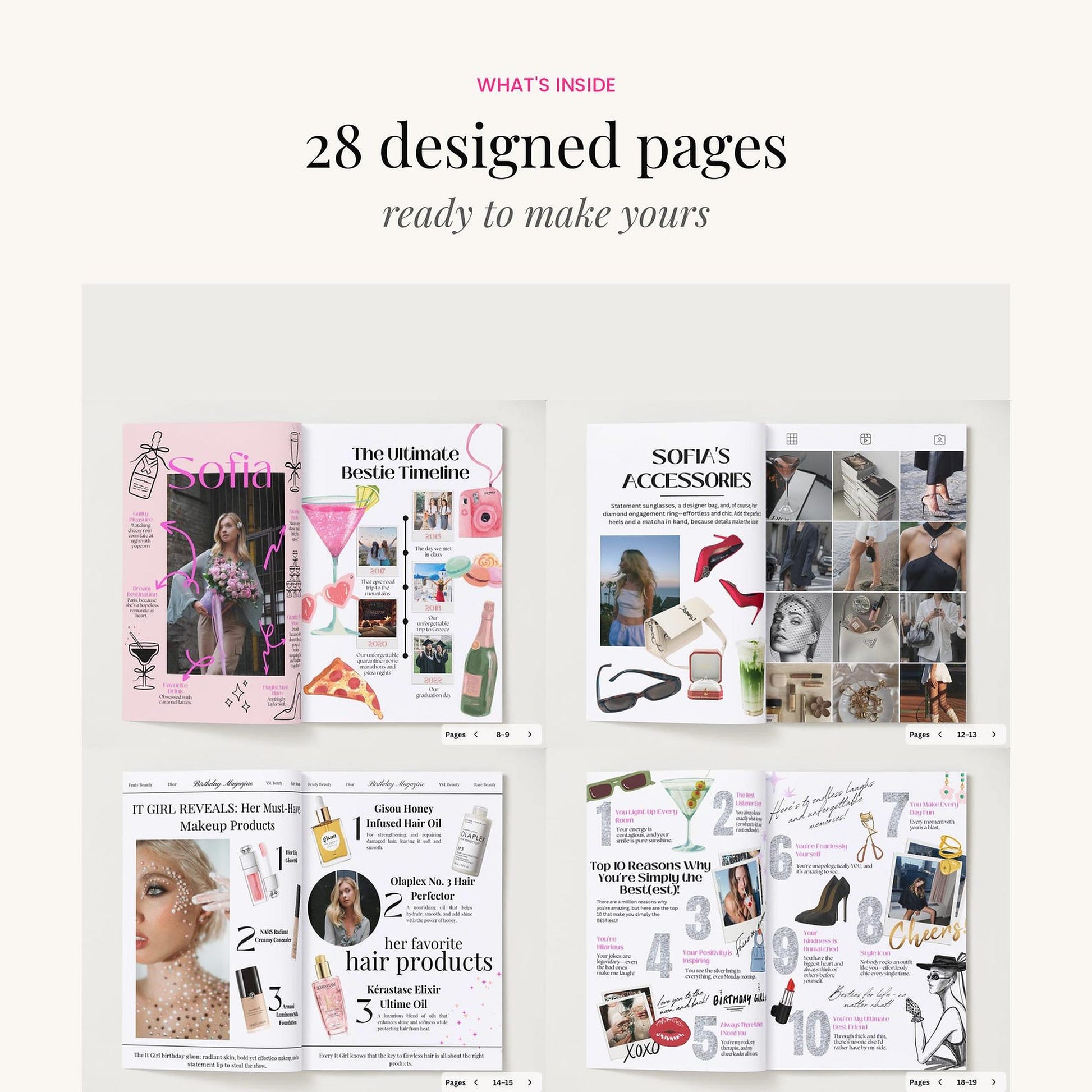 A promotional graphic showing four sample open spreads of a magazine or booklet with fashion and beauty page designs, beneath the text 'WHAT'S INSIDE 28 designed pages ready to make yours'.