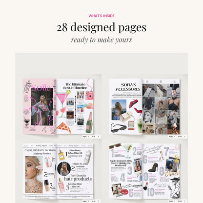 A promotional graphic showing four sample open spreads of a magazine or booklet with fashion and beauty page designs, beneath the text 'WHAT'S INSIDE 28 designed pages ready to make yours'.