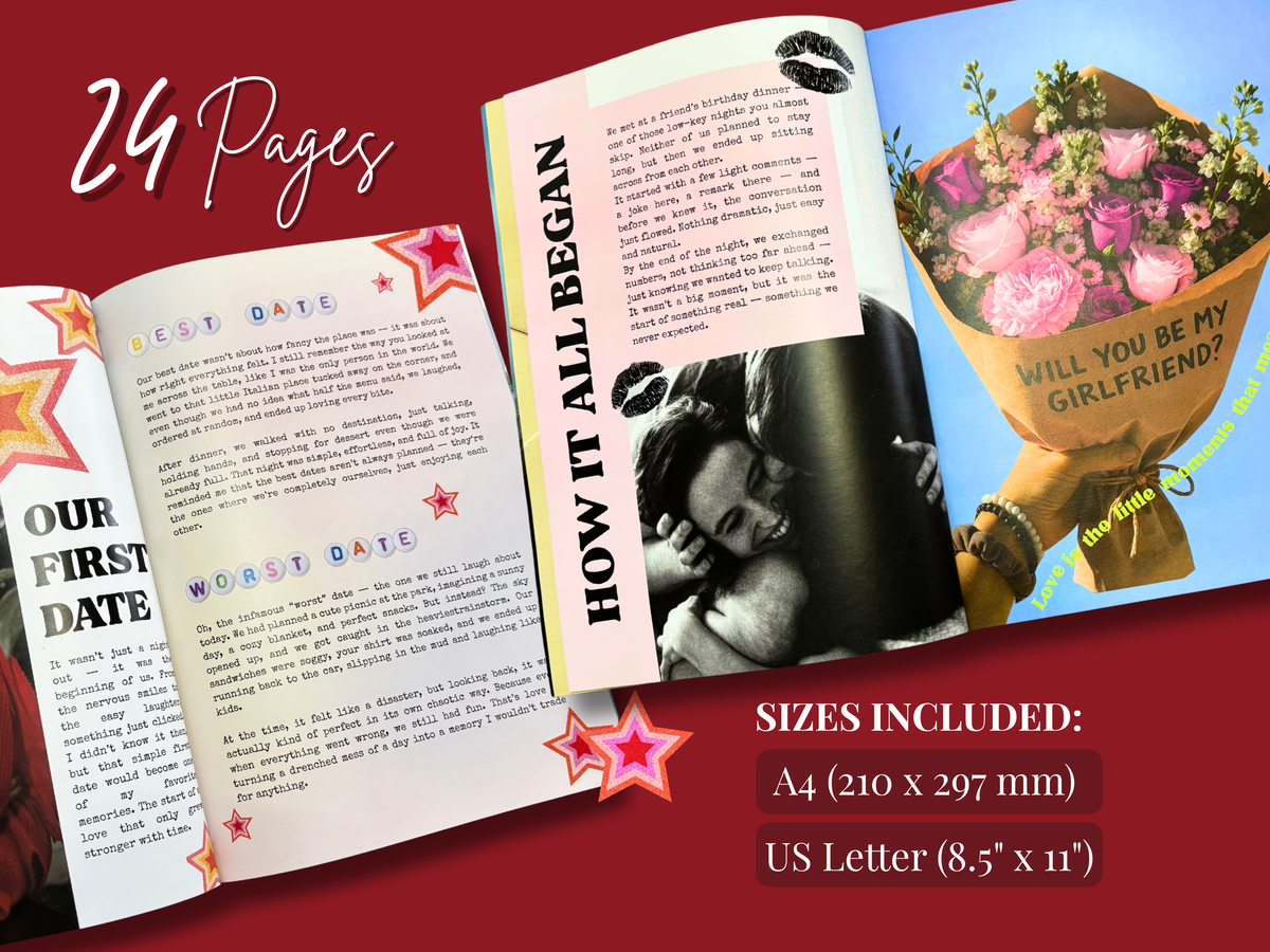 A promotional graphic for a 24-page custom wedding guest book or booklet template, showing open sample pages with printed layouts, text sections like 'Best Date,' 'How It All Began,' and 'Our First Date,' alongside a bouquet illustration and size information for A4 and US Letter paper.