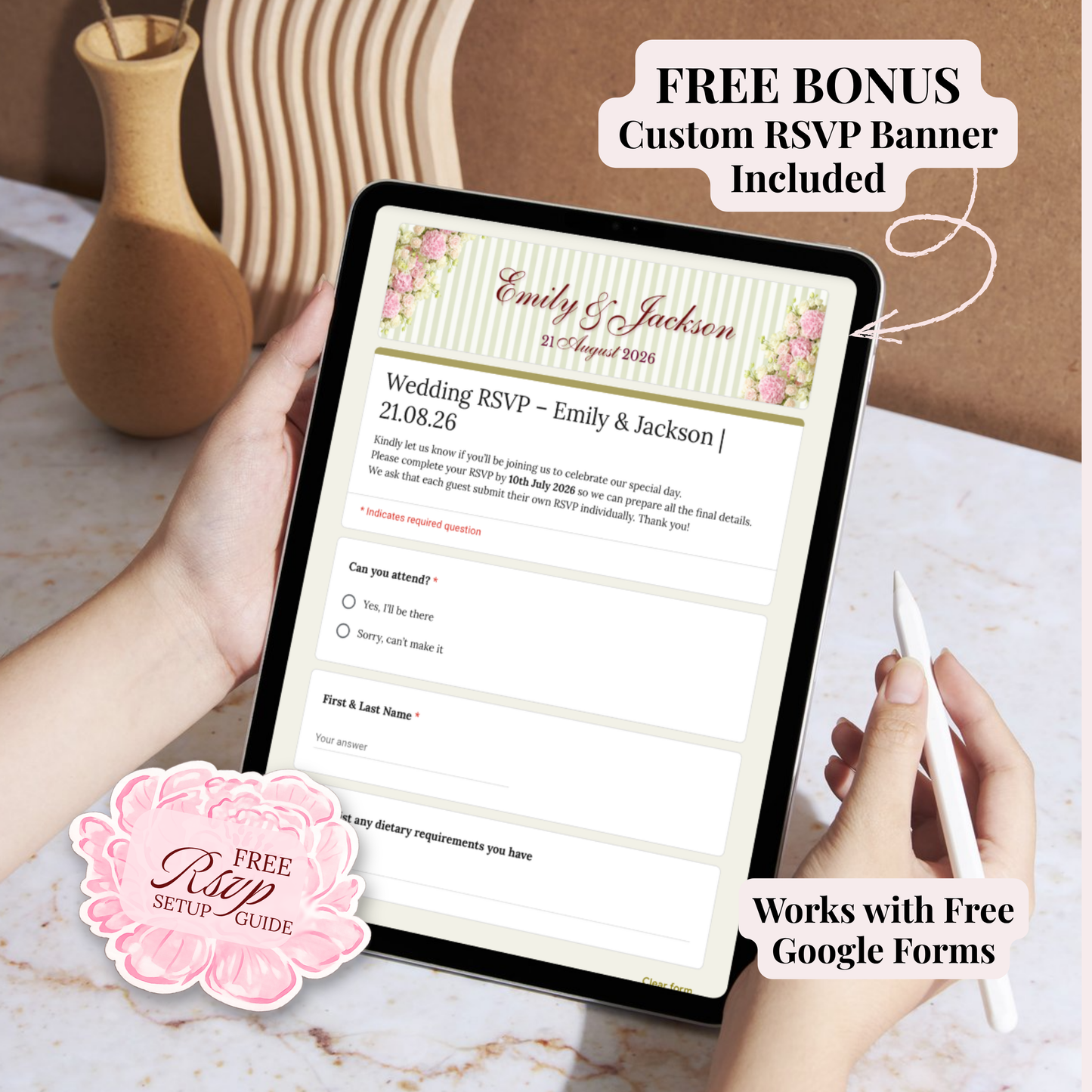 A tablet held in two hands shows a wedding RSVP digital form with floral header graphics. A pink decorative badge says a free RSVP setup guide is included, and text overlays advertise a free bonus custom RSVP banner.