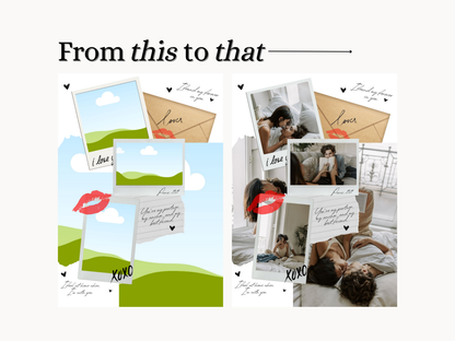 A collage-style graphic titled 'From this to that' showing illustrated postcard designs with landscape scenes, handwritten notes, red lipstick marks, and small photos of couples, arranged on a light gray background.
