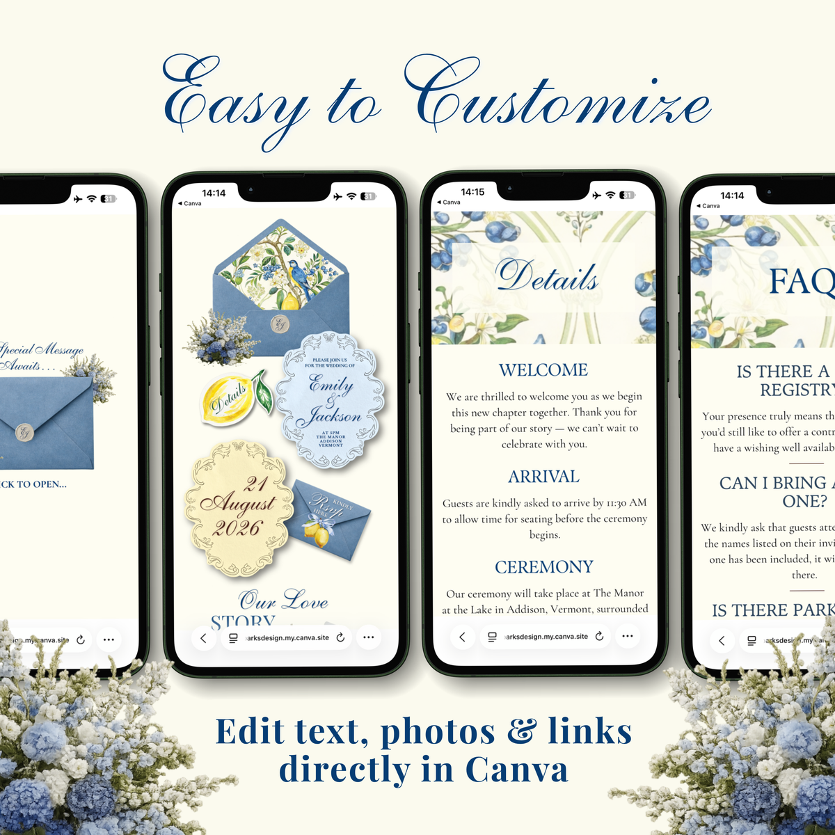 A promotional graphic showing five smartphone mockups displaying customizable wedding invitation and details screens. The screens feature blue floral designs, envelopes, and text sections such as Welcome, Arrival, Ceremony, and FAQ.