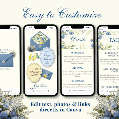 A promotional graphic showing five smartphone mockups displaying customizable wedding invitation and details screens. The screens feature blue floral designs, envelopes, and text sections such as Welcome, Arrival, Ceremony, and FAQ.